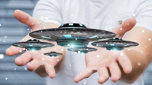 Uomo d'affari con astronave retrò UFO rendering 3D — Foto Stock