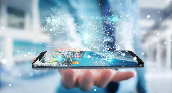 Businessman using digital binary code on mobile phone 3D renderi — Stock Photo, Image