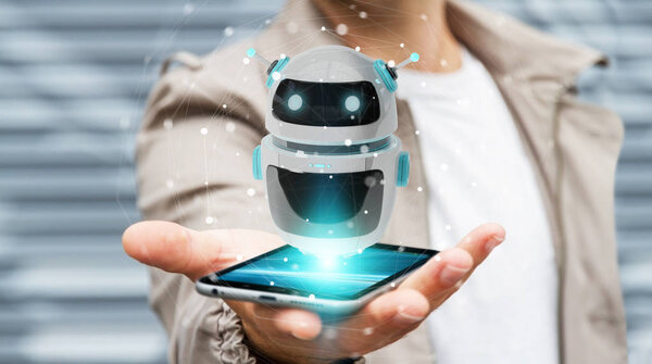Бизнесмен, использующий приложение цифрового робота Chatbot 3D рендеринг
