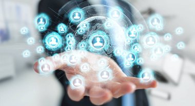 Sosyal ağ arabirimi 3d işlemesini kullanan iş adamı