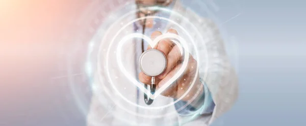 Doctor holding heartbeat digital interface 3D rendering — Stock Photo, Image