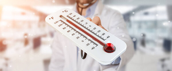 Доктор держит красный термометр 3D рендеринга
