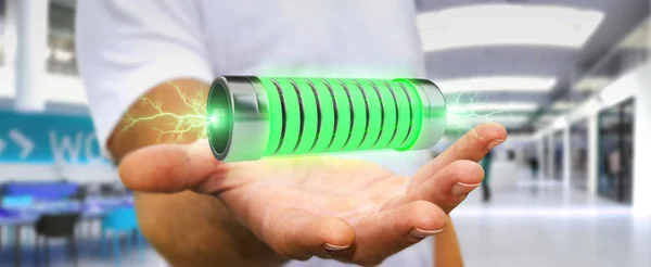 Businessman using green battery with lightnings 3D rendering — Stock Photo, Image