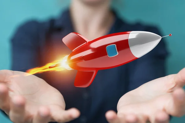 Podnikatelka, držení a dojemné raketa 3d vykreslování — Stock fotografie
