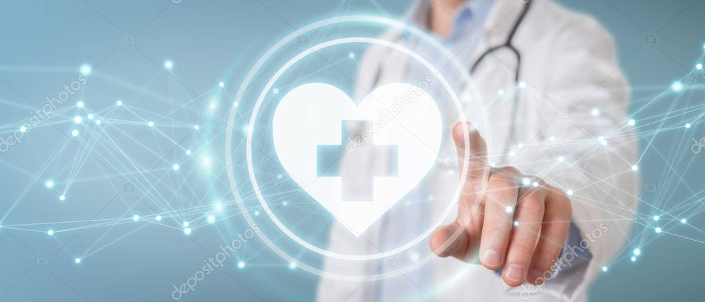 Doctor holding heartbeat digital interface 3D rendering