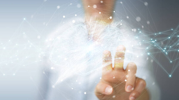 Businesswoman using digital x-ray human brain interface 3D rende