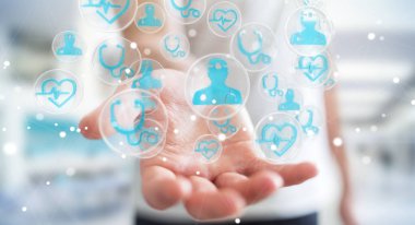 Modern tıbbi arabirimi 3d işlemesini kullanan iş adamı