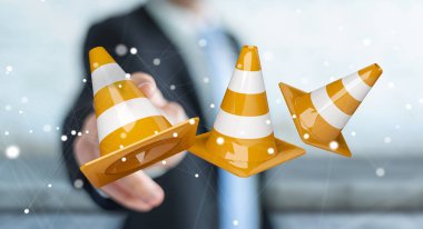 Dijital 3d render altında inşaat işaretleri kullanarak iş adamı