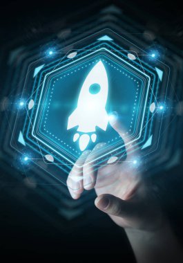 Başlangıç dijital arabirimi 3d rendering kullanarak iş kadını