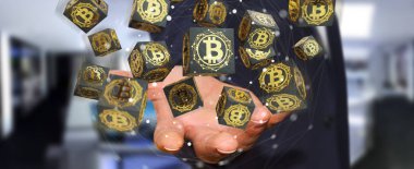 İşadamı bitcoins cryptocurrency 3d işleme kullanarak