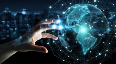 ABD dünya harita arabirimi 3d işlemesini kullanan iş kadını