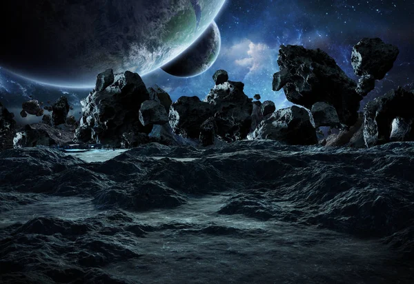 Astronauti zkoumání asteroidu 3d vykreslování prvků této i — Stock fotografie