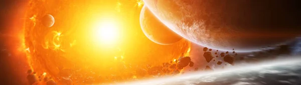 Exploding sun in space close to planet 3D rendering elements of — Stock Photo, Image