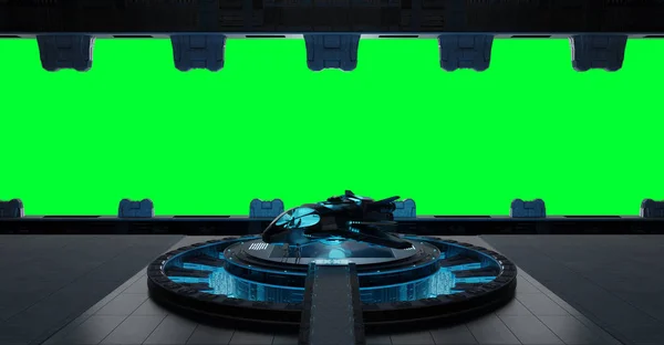 Yeşil arka plan 3 üzerinde izole Llanding şerit uzay gemisi iç — Stok fotoğraf