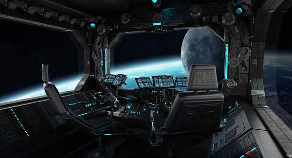 Navire spatial Grunge intérieur avec vue sur la planète Terre — Photo