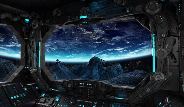 Spaceship grunge interior with view on planet Earth — Stock Photo, Image
