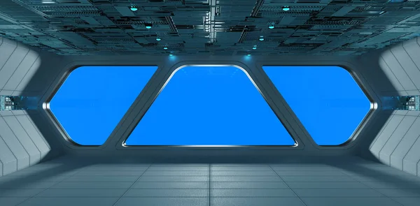 Ruimteschip futuristische grijs blauw interieur venster weergave — Stockfoto