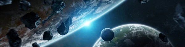 遠くにある惑星における空間 3 d レンダリング要素のパノラマ — ストック写真
