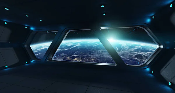 Raumschiff futuristisches Interieur mit Blick auf den Planeten Erde — Stockfoto