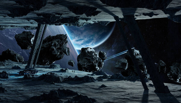 Astronauts exploring a huge asteroid alien spaceship in space 3D rendering elements of this image furnished by NASA
