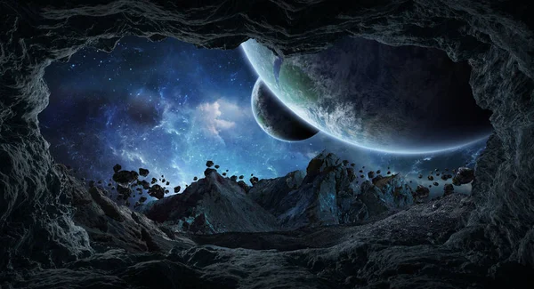Asteroïden vliegen Kortbij planeten 3d rendering onderdelen van deze — Stockfoto