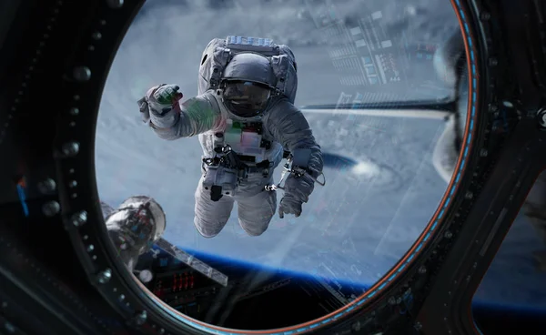 Astronauta trabajando en una estación espacial 3D elementos de representación de th —  Fotos de Stock