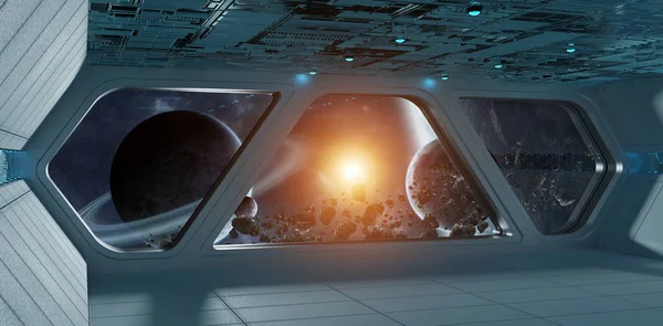 Nave espacial futurista cinza interior azul com vista para o exoplaneta — Fotografia de Stock