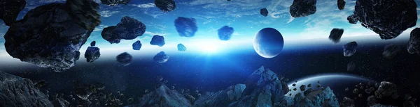 Panorama vzdálené planetě soustavy v prostoru 3d vykreslování prvků — Stock fotografie