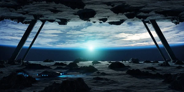 Astronauten erkunden ein Asteroiden-Raumschiff 3D-Rendering-Elemente — Stockfoto