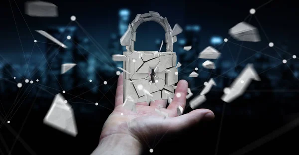 Businessman hacking in broken padlock security 3D rendering — Stok Foto