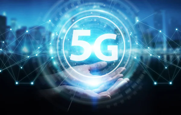 Деловая женщина с использованием сетевого интерфейса 5G 3D рендеринг — стоковое фото