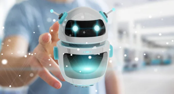 Empresário usando a aplicação de robô digital chatbot 3D renderização — Fotografia de Stock