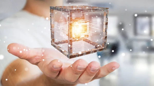 Empresario usando futurista cubo texturizado objeto 3D renderizado — Foto de Stock