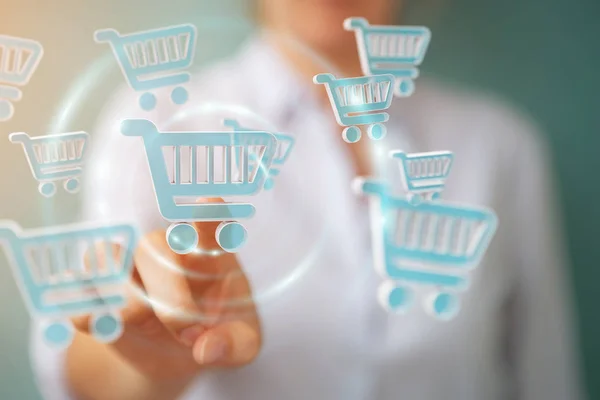 Empresária usando ícones de compras digitais renderização 3D — Fotografia de Stock