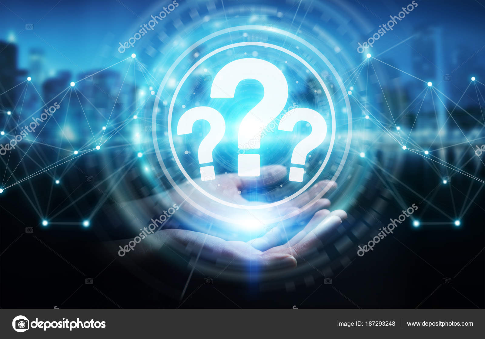 Businesswoman using question marks digital interface 3D renderin Stock