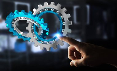 Kayan modern dişli mekanizması 3B oluşturmayı kullanarak iş adamı