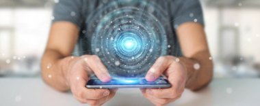 Dijital Ağ Bağlantısı arabirimi 3d render kullanarak iş adamı