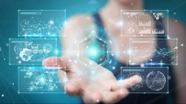 Hologram dat ile dijital ekranlar arabirimini kullanarak iş kadını
