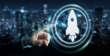 Başlangıç dijital arabirimi 3d rendering kullanarak iş adamı