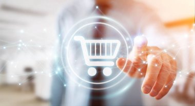 Dijital alışveriş simgeleri kullanarak bağlantıları 3d ren ile işadamı