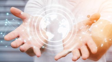 Planet earth ağ küre 3d işlemesini kullanan iş adamı