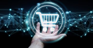 Dijital alışveriş simgeleri kullanarak bağlantıları 3d ren ile işadamı