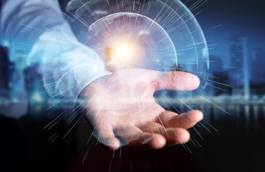 İşadamı 3d rende tarafından aktive uçan Dünya ağ arabirimi