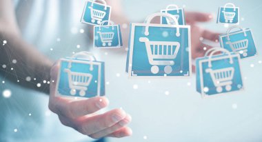 Dijital alışveriş simgeleri 3B oluşturmayı kullanarak iş adamı