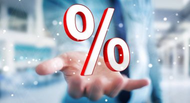 Beyaz ve kırmızı satış simgeler 3d render uçan kullanarak iş adamı