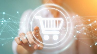 Dijital alışveriş simgeleri kullanarak bağlantıları 3d ren ile işadamı