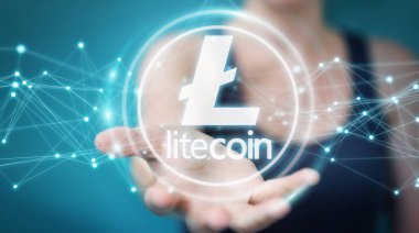 Litecoins cryptocurrency 3d rendering kullanarak iş kadını