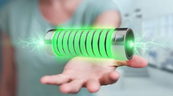 Επιχειρηματίας χρησιμοποιώντας πράσινη μπαταρία με αστραπές 3d rendering — Φωτογραφία Αρχείου