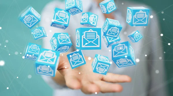 Businesswoman utilizando mensajes de correo electrónico de cubo flotante representación 3D —  Fotos de Stock