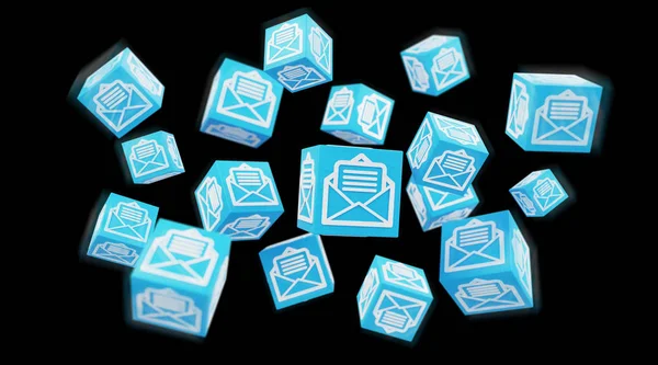 Cubo flotante correos electrónicos ilustración 3D renderizado —  Fotos de Stock